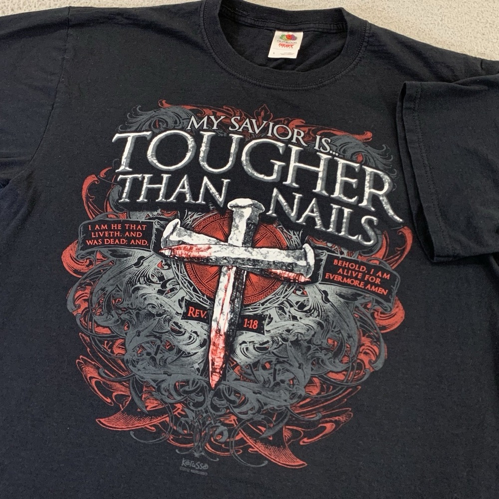 Jesus Tee Mens Large My Savior is Tougher Graphic T-Shirt Black Kerusso Rev 1:18